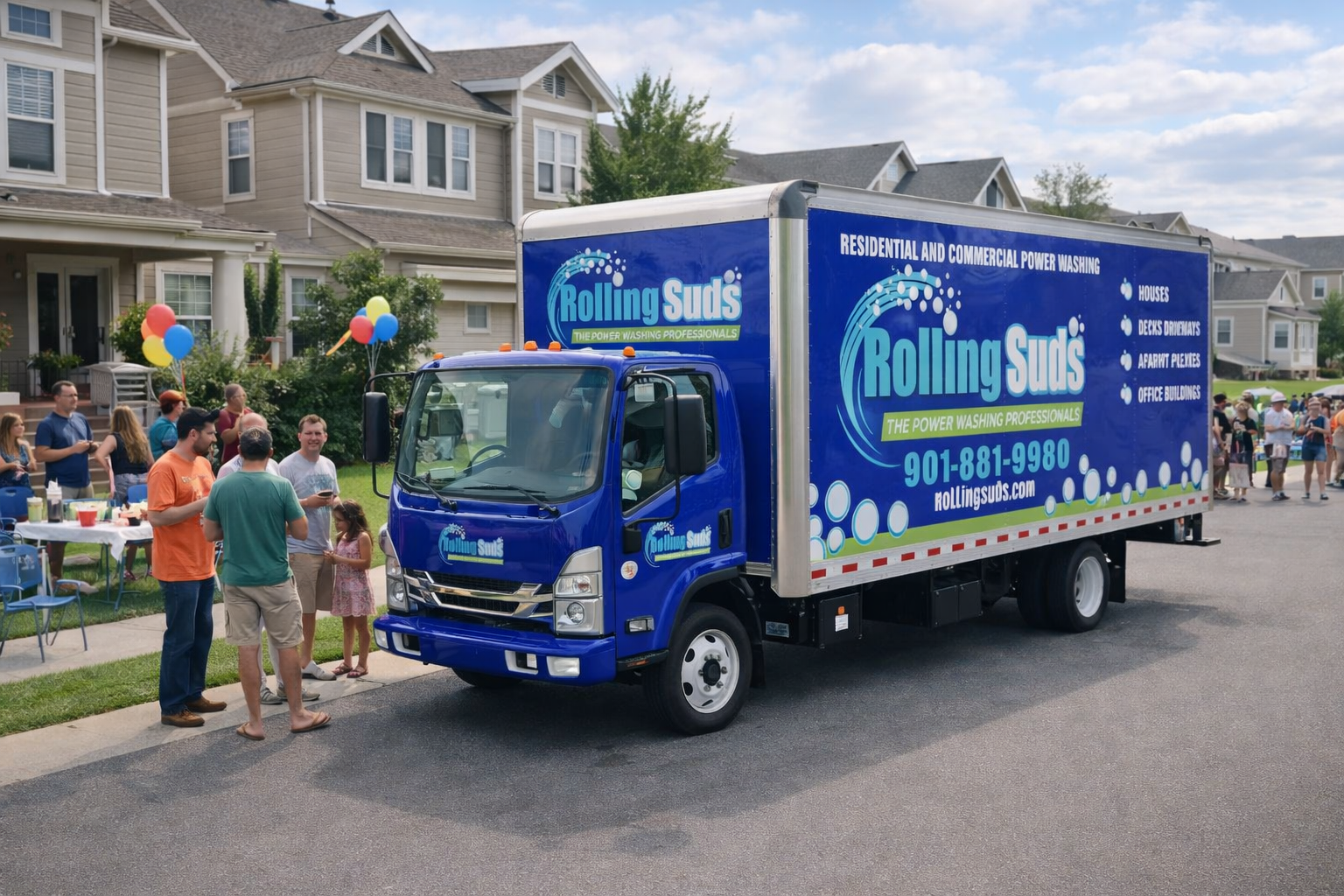 Rolling Suds truck washing a house while neighbors socialize and have fun